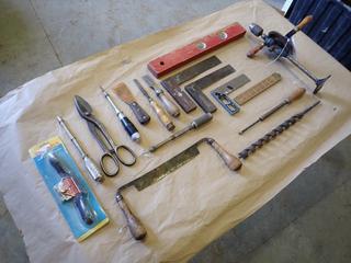 Level, Log Peeler, Square, Measuring Stick, Hand Drill And Assorted Hand Tools