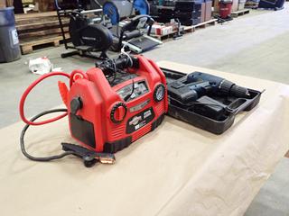 Motomaster Model 011-2065-8 Booster Pack w/ 900 Peek Battery Amps And Air Compressor c/w Drill, Battery and Charger   (NE)