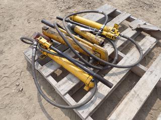 Qty Of (3) Hydraulic Hand Pumps c/w Hoses And (3) Rams *Note: Size Unknown*