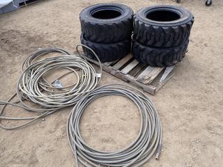 (3) Galaxy Sidewall Beefy Baby 10-16.5 Tires, (1) Ultra Skid Super Sidewall 10-16.5 NHS Tire And Assorted Hose