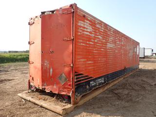 40 Ft. X 8 Ft. Skid Mtd Van Body c/w Wood Shelving Units, Rebar Caps, Assorted Tires And Qty Of Misc Supplies *Note: Damaged, Dents, Cracks, Damage On Front Doors And Rear* 