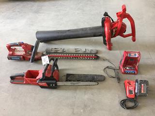 Milwaukee Fuel Cordless Chain Saw, Toro 88540 Cordless Trimmer, Both c/w Batteries & Charger,Toro 51619 Electric Leaf Blower, Unknown Working Condition. (9-E-1)