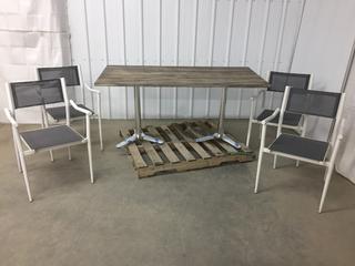 Stone Table Top, 62 in x 30 in x 30 in. w/ (4) New York Aluminum Grey Sling Arm Chairs. (WH)