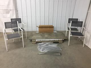 Stone Table Top, 62 in x 30 in x 30 in. w/ (4) New York Aluminum Grey Sling Arm Chairs, Some Damage. (WH)