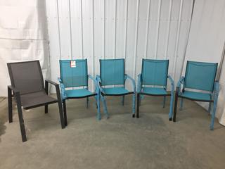 (5) Metal Sling Arm Chairs, (4) Blue, (1) Black. Damages. (WH)