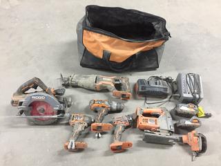 Ridgid Cordless 18V Power Tool Combo c/w (3) Batteries & Charger. (2-B-4)