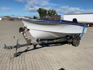 16ft Fiberglass Boat c/w Mercury 115 HP, Power Trim, S/A Trailer 2in Ball, 195/70R14 Tires, Trailer VIN 5375.