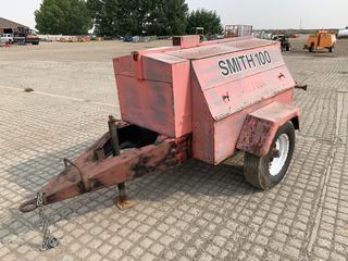 Smith 100 S/A Portable Air Compressor c/w Ford 4 Cyl Gas, Pintle Hitch, 225/75R15 Tires, Showing 2997 Hours, S/N 100D6598