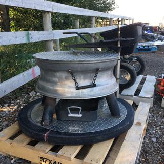 Custom Built Fire Pit w/ Concrete Base, Adjustable Grill and Aluminum Cover.