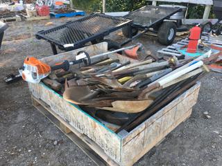 Quantity of Sledge Hammers, Axes, Shovels, Pitch Forks, Pry Bars and Sthil Weed Trimmer Model FS70R.