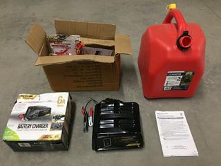 Quantity of HD Bungees, Schumacher SC1320 Battery Charger 6A, Scepter 20L Self Venting Gasoline Container. *Missing Pieces and Damaged* (1-F-2)