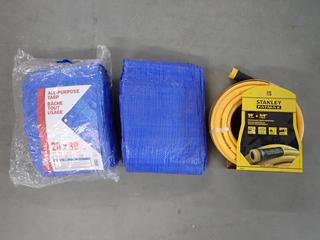 Stanley Fat Max Professional Grade Water Hose 50ft x 5/8in and (2) Homebase 20 x 30 All-Purpose Tarps. (3-D-2)