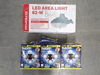 (3) Bell Howell TriBurst LE Lights 4000 Lumens and (1) Homebase LED Area Light  62-W *Damaged*. (4-B-3)