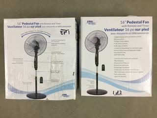 (2) Coolworks 16in Pedestal Fans w/ Remote. *Condition Unknown* (4-B-1)