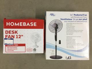 (1) Coolworks 16in Pedestal Fan w/ Remote and (1) Home Base 12in Desk Fan. *Condition Unknown*