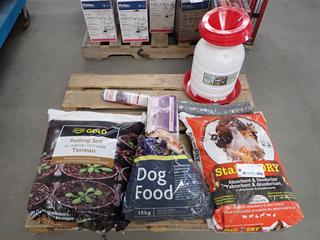 Quantity of Assorted Bags of Stall Dry Dog Food, Potting Soil, (1) Roll of Poultry Netting, Game Waterer 5 Gal and Box of Disposable Plastic Syringes. (8-M-2)