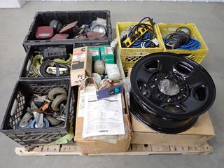 Assorted Truck Tail Lights, Onan Generator Filters, Hubbell Control Plugs, & GMC Steel Rim 8 Bolt Pattern, Extension Cords & Castors. (1-F-3)