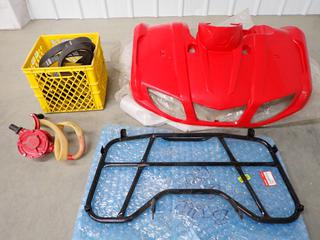 Yamaha Front Fender Assembly, Red, 5UH-F1500-G0, Honda 420 Back Rack, 81100-HP0-U00ZA, (4) Skidoo Belts & Hand Fuel Pump. (1-F-1)