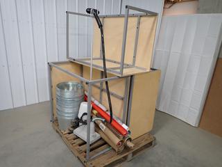 (3) Wood/Metal Tables, (2) 42 in x 36 in x 21 1/2 in., (1) 46 in x 26 1/2 in x 20 in. Quantity of Metal Buckets & Jiffy Steamer. (WH)