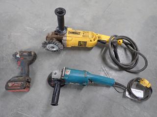 Makita 9005B 5 in Angle Grinder, DeWalt D28474 7 in Angle Grinder, Bosch Impactor 18V Cordless Impact Driver c/w 18V Battery, No Charger. (2-A-2)