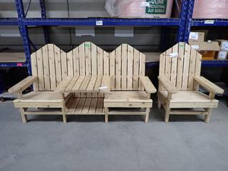 Cedar Deck Set, (1) 2-Person Bench w/ Center Table, Approximately 77 1/2 In. x 29 In. x 43 1/2 In. & (1) Adirondack Chair, Approximately 29 in x 29 in x 43 1/2 in. (WH)