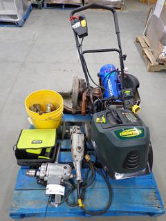 Yardwork's 60-2152-2 Electric 24V Cultivator c/w Charger & Battery, Ryobi JG001 Cordless Auto Hammer c/w 12V Battery & Charger, Air Compressor, Etc. (WH)