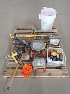 Assorted Drill Bits, Drills, Work Lights, Tape Measures, Stanley Wrecking Bars. (3-B-3)