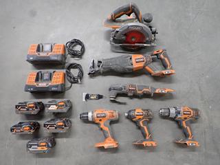 Ridgid 18V Cordless Tool Set c/w Batteries & Chargers. (2-B-4)