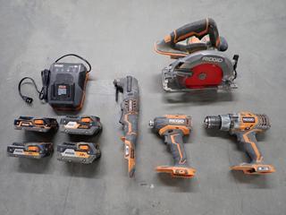 Ridgid 18V Cordless Tool Set c/w Batteries & Chargers. (2-B-4)