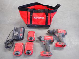 Craftsman Cordless 1/4 in. Impact Driver CMCF800, 1/2 in Drill, (3) 20V Batteries & Charger. (2-B-2)