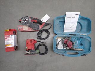 (2) Palm Sanders, Makita B04552 & King Canada E230732, Skil 7500, 3in x 18in Belt Sander c/w (3) Packages of Extra Belts. (2-D-2)