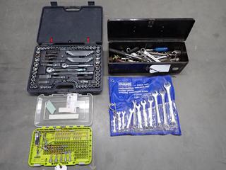 Mastercraft 177pc 1/4 in, 3/8 in, 1/2 in Drive Socket & Wrench Set, Complete. Ryobi Drill Driver Set, Incomplete & 19 in. John Deere Metal Tool Box c/w Contents. (3-H-3)