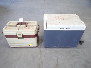 Plano Tackle Box w/ (4) Drawers & 12V Coleman Cooler, Working Condition Unknown. (9-D-2)