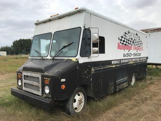 1990 Grumman Route Star 16ft Step Van c/w V8 Gas, Auto, Thieman TVL-125A Power Tailgate, Plumbed For Power/Lights, Storage Cabinet, Shevles, Contents Included, Parts Only, Showing 68,487 Miles, VIN 1GBKP32N6L3303239