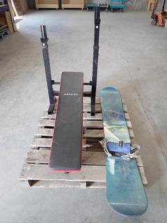 Meneiro Weight Bench w/ Barbell Rack & Salemon 450-166 Snowboard, Missing One Binding. (WH)