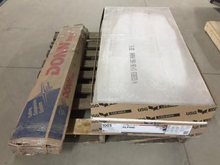 (2) Boxes of Assorted USG Radar R2310 Ceiling Tiles 2ft x 4ft x 5/8in and (1) Box of Donn Cross T's Ceiling Suspension System.