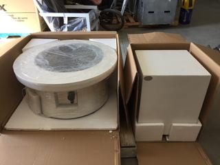 Unused White Round Outdoor Moon Fire Table w/ White Square Side Table. (WH)