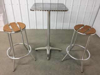 Inox Stainless/Aluminum Table w/ (2) Bar Stools, Unused. (WH)