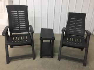 (2) Unused Koopman's Resin Multi-Position Folding Patio Chairs w/ Rectangular 2-Tier Table. (8-N-2)