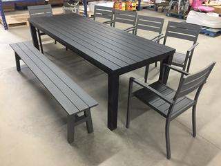 Phoenix Outdoor Set Table, 94 1/2 in x 35 1/4 in x 30 in, Bench 84 3/4 in x 11 1/2 in x 17 1/2 in & (6) Chairs, Unused. (WH)