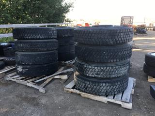 Quantity of Truck Tires 11R 22.5, Some With 10 Bolt Pattern Rims.