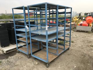 (2) Rolling Steel Shelving Units, Approximately 64in L x 30in W x 72in H.