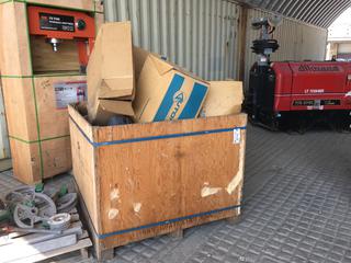 Crate Full of Automotive/Truck Parts Including Volvo Head Lamps, Drill Bit Sharpener, Truck Wheel Seal, Car Heater, Automatic Slack Adjusters, Etc.  (DOME)