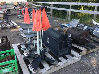 (6) Magnetic Mount Safety Flags and Metal Truck Tool Box, Approximately 36in x 14in x 14in.