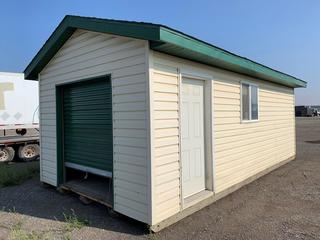 12ft x 24ft Skid Mount Garden Shed c/w Roll Up Door, Side Man Door, Shelving.