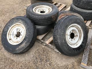 (2) Goodyear Workhorse Tires 7.50-16LT c/w 8-Bolt Rims, (2) Bridgestone Duravis M773 II Tires LT 245/75R16 c/w 8-Bolt Rims and (1) Toyo Radial Open Country LT 245/75R16 C/w 8-Bolt Rims w/ Cover.