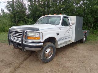 1994 Ford F-350 XLT 4X4 Flat Deck Truck c/w 7.3L V8 Turbo Diesel, 5-Spd Manual, 11 Ft. Service Body, 7 Ft. X 87 In. Deck, Ford RPM Control Module, 45 In. X 24 In. X 30 In. Fuel Storage Tank w/ Tuthill Fill-Rite 12 VDC 13 GPM Fuel Transfer Pump, Hose and Nozzle, LT235/85R16 Tires and Spare Tire. Showing 308,958kms. VIN 2FDKF38F0RCA74098 