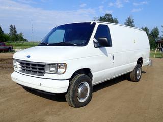 1996 Ford E-250 Cargo Van c/w 5.8L V8, A/T, 8550lb GVWR, Checkerplate Rear Bumper And LT225/75R16 Tires. Showing 296,646kms. VIN 1FTHS24H0THA87042 *Note: Damaged Driver Side Signal Light, Rust, Dents*