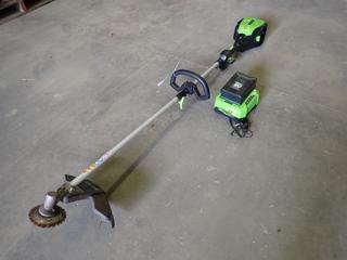 Greenworks Pro 80V Brushless String Trimmer c/w 80V Battery and Charger, Working Condition Unknown  (C-Back Wall)