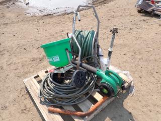 Central Fertilizer Spreader, Model 100A, Weed Eater, Gas Blower, Qty of Water Hose, Hosemobile Hose Reel Cart, Water Sprayer and More